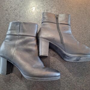 Clarks Black Leather Ankle Booties with Stacked Block Heel